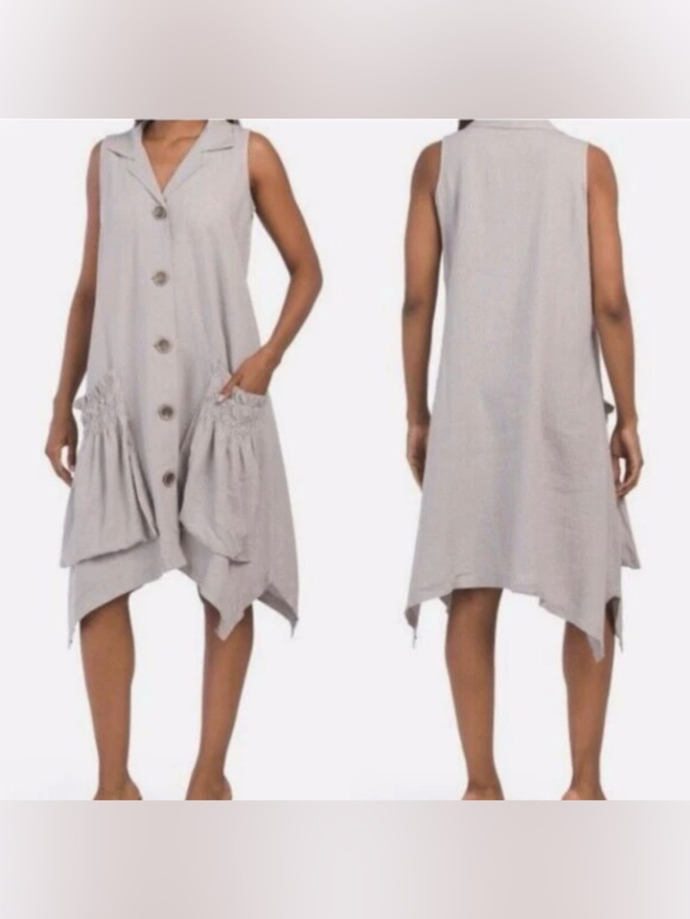 Linen-Blend Button Down Shirt Dress Ruched Pockets Lagonlook Sz Large FORCYNTHIA